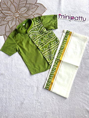 Yathra - Green Bandhini Shirt & Dhothi Set