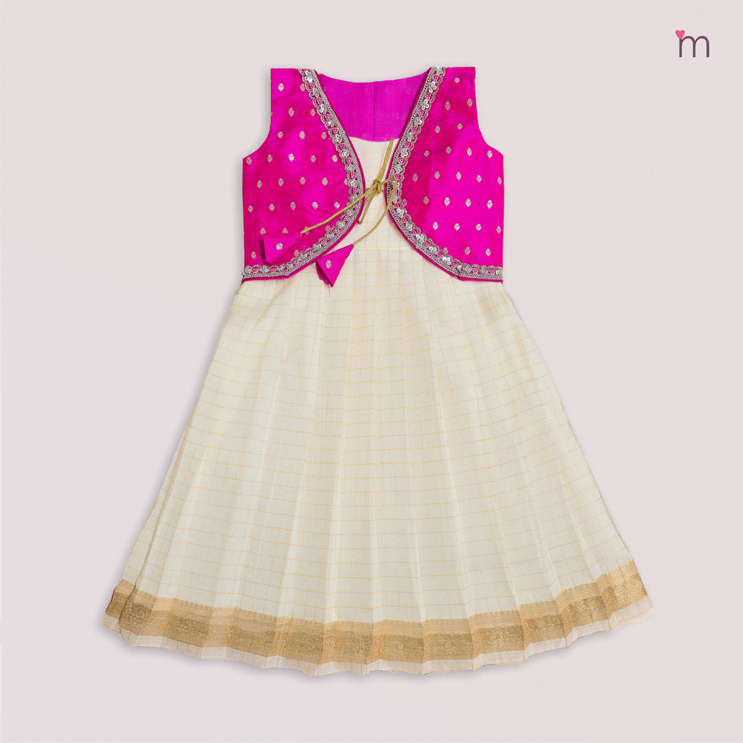 Sharmi - Pink Halfwhite Checks 2 in 1 Designer MiniPattu