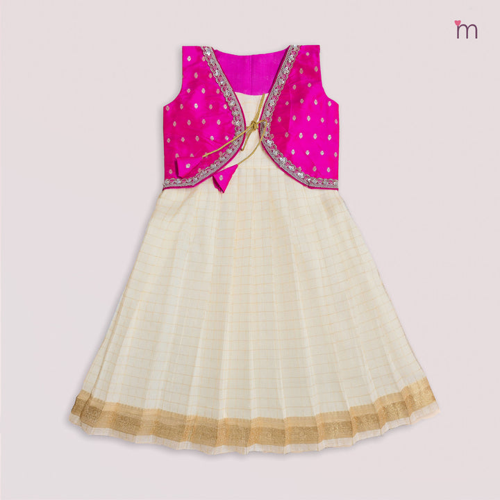 Sharmi - Pink Halfwhite Checks 2 in 1 Designer MiniPattu