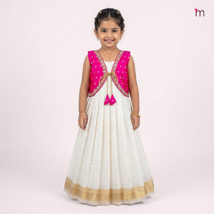 Sharmi - Pink Halfwhite Checks 2 in 1 Designer MiniPattu
