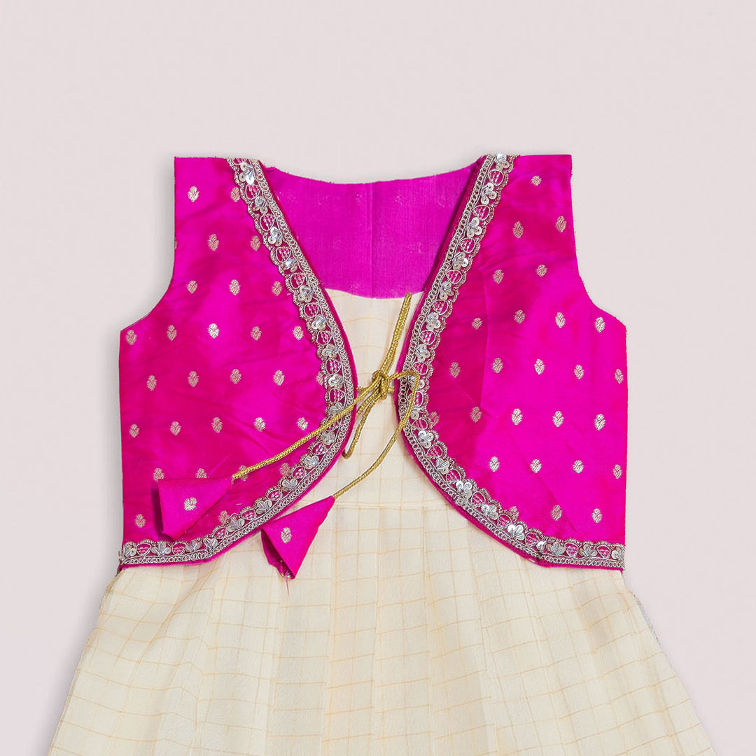 Sharmi - Pink Halfwhite Checks 2 in 1 Designer MiniPattu