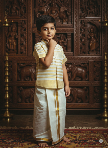 Aarav - Halfwhite Gold Shirt & Dhothi Set