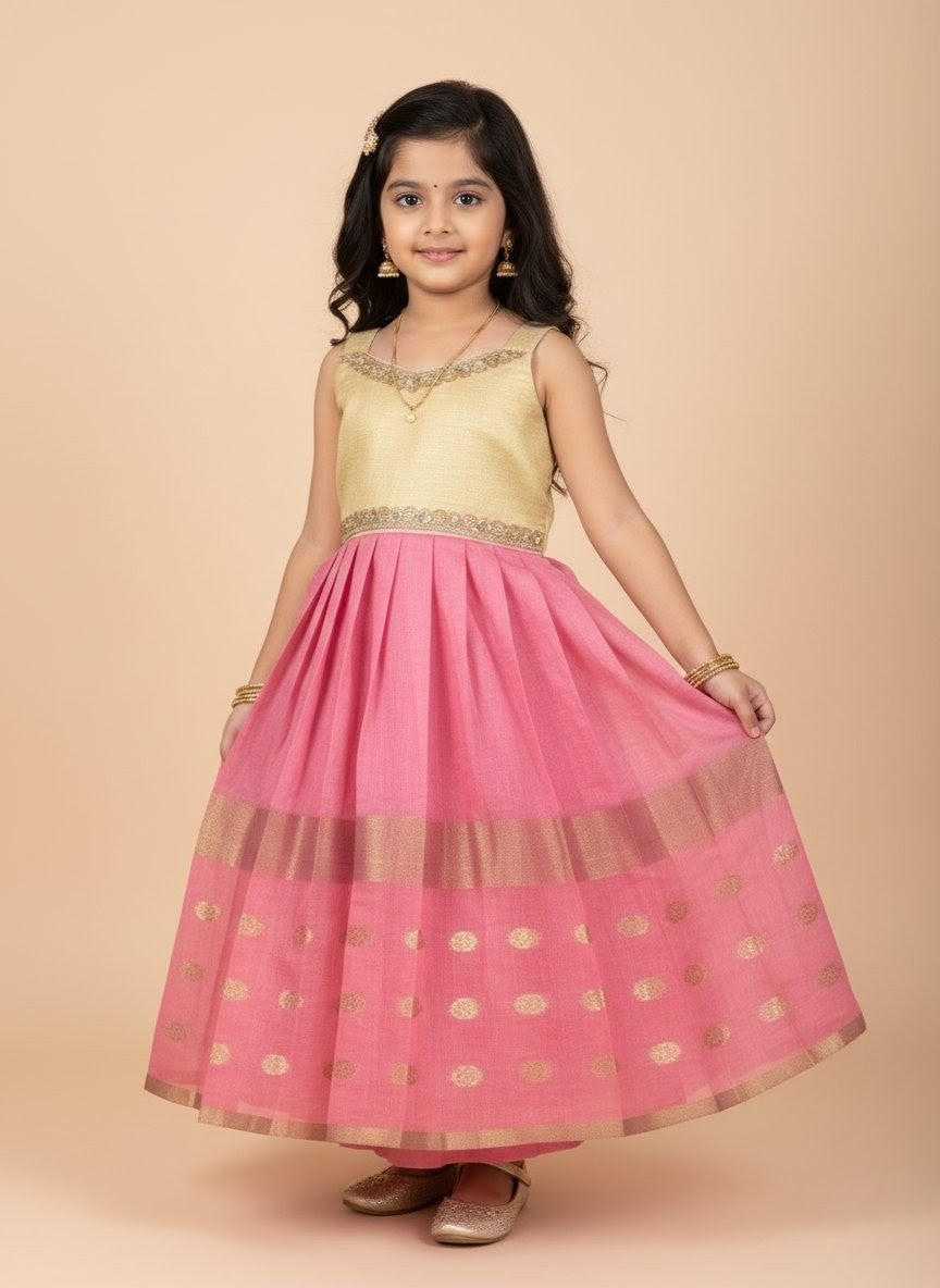 Aadhya - Pink Tissue Frock Minipattu