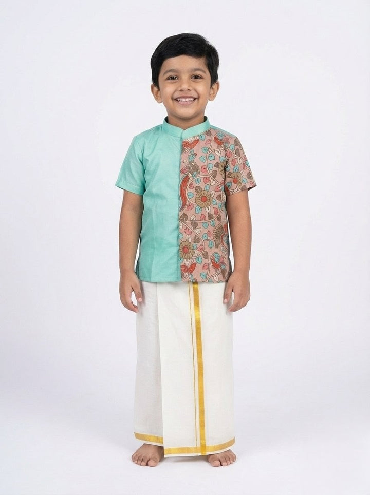 Tharun - Turquoise Blue Kalamkari Kurta Shirt & Vesti Set