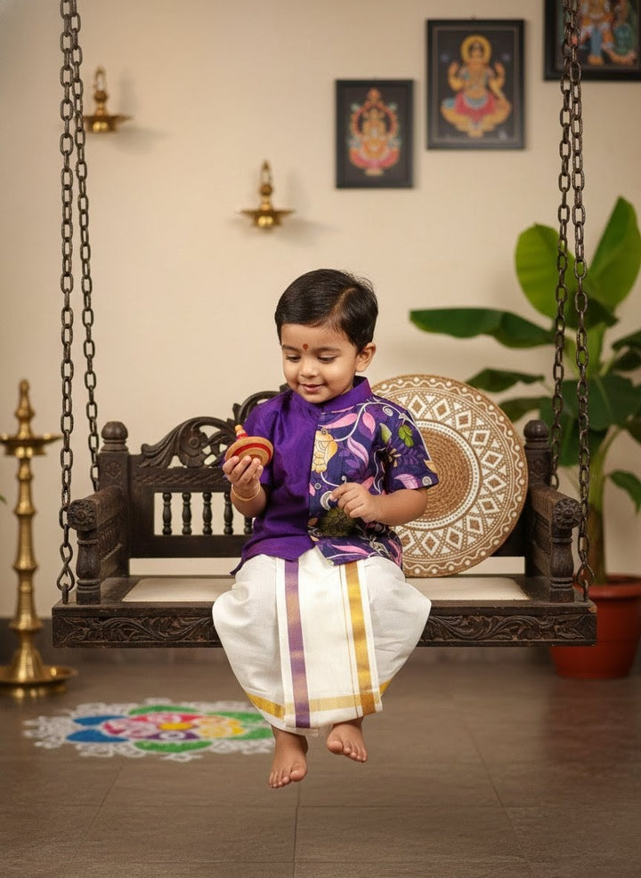 Tharun - Violet Kalamkari Kurta Shirt & Vesti Set