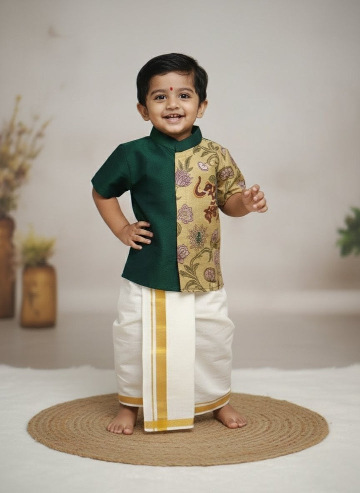 Tharun - Green Kalamkari Shirt & Dhothi Set