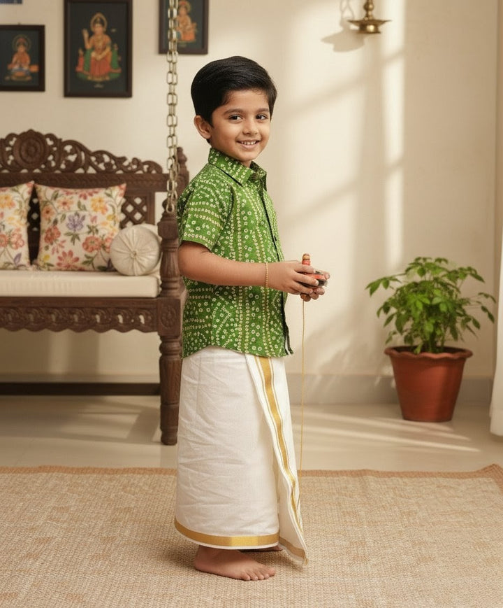 Dhruv -  Green Bandhini Shirt & Dhothi Set