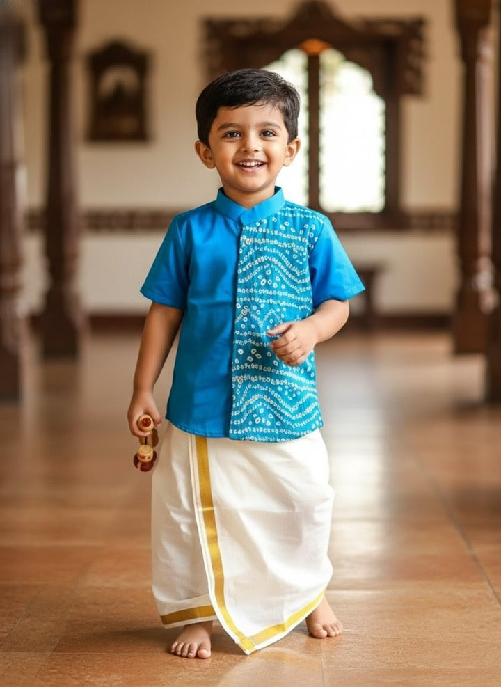 Yathra - Blue Bandhini Shirt & Dhothi Set