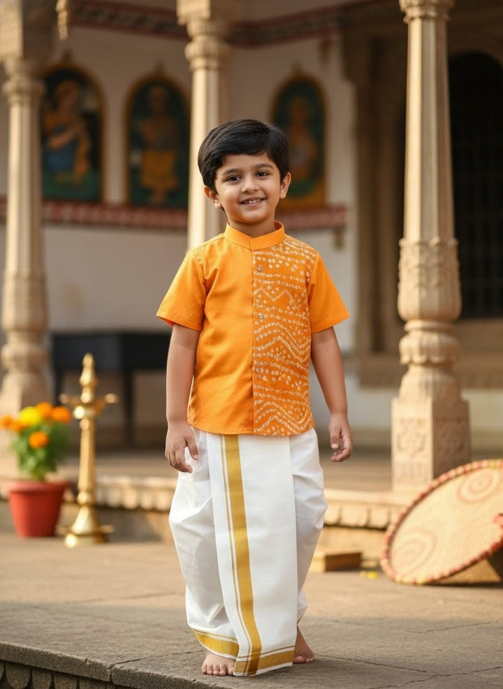 Yathra - Musturd Bandhini Shirt & Dhothi Set