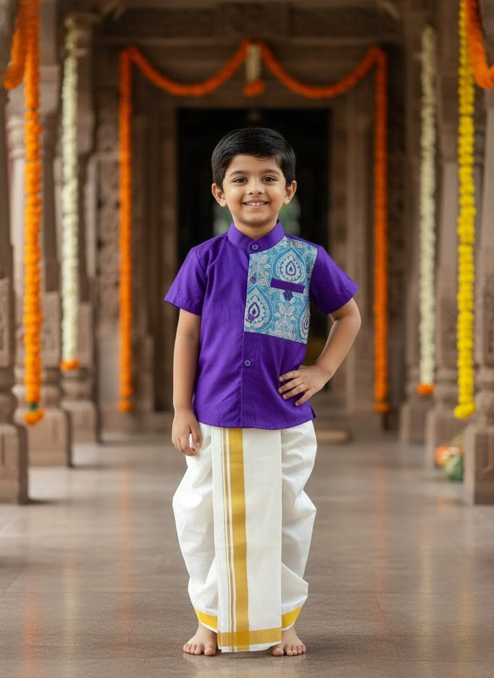 Atharva - Voilet Blue Shirt & Dhothi Set