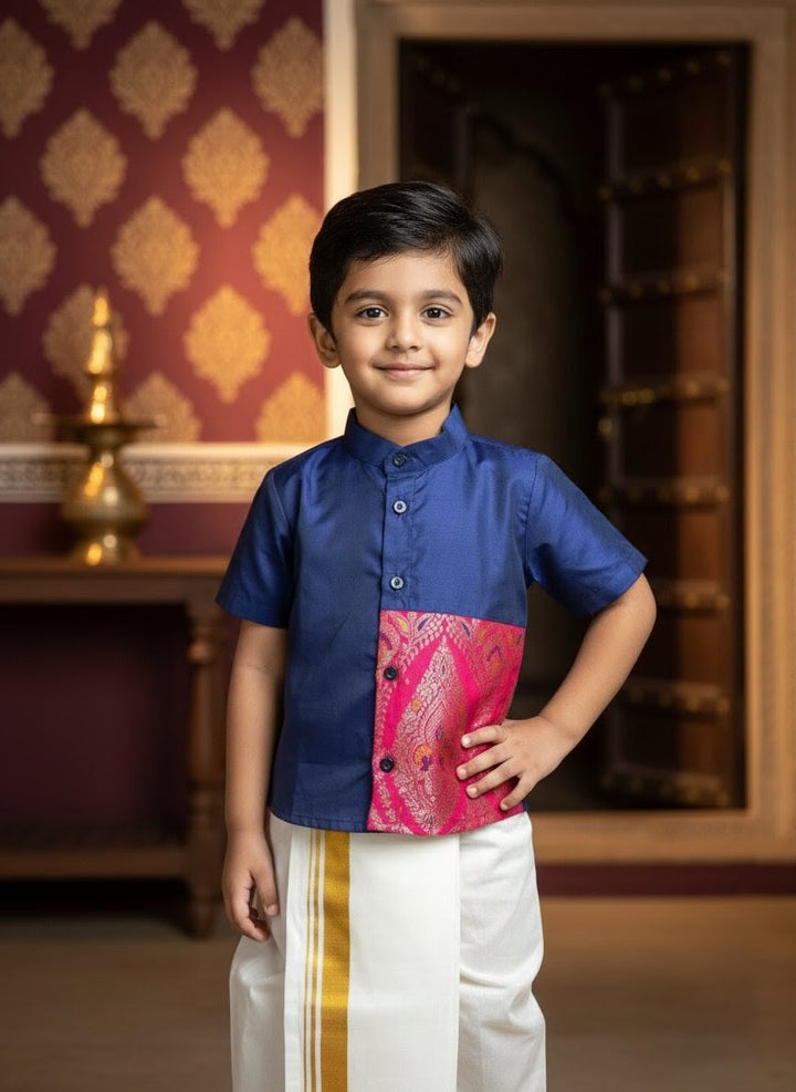 Atharva - Navy Pink Shirt & Dhothi Set
