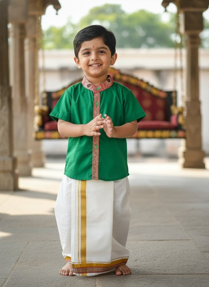 Atharva - Green Shirt & Dhothi Set