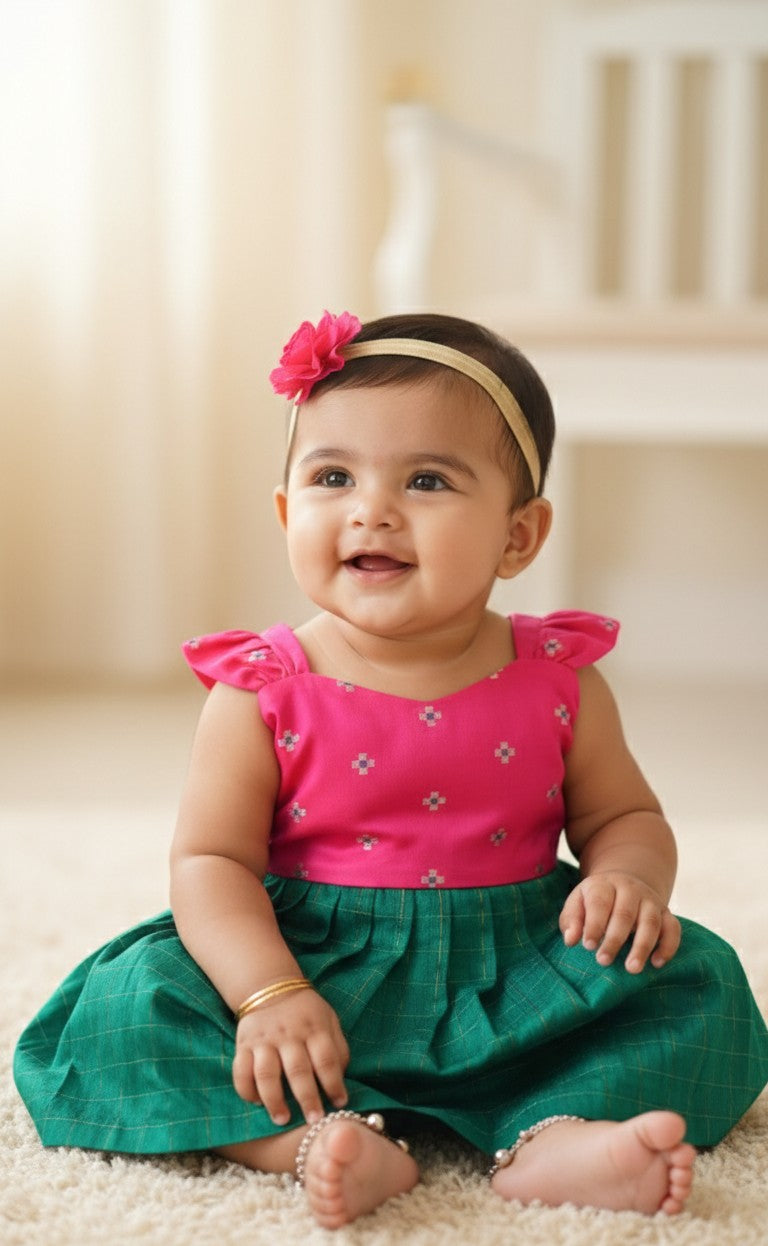 Ajanya - Pink Green Frock-Cum-Romper Minipattu