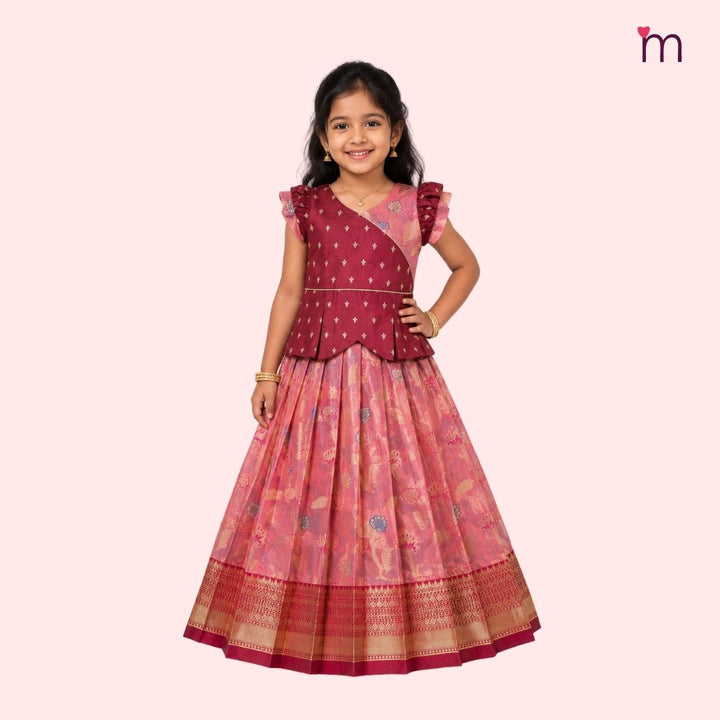 Sharvika - Maroon Pink Pattu Pavadai Minipattu