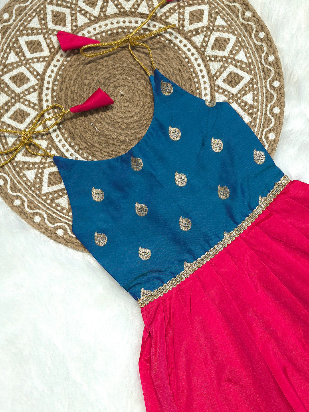 Navya - Peacock Blue Pink Butta Frock