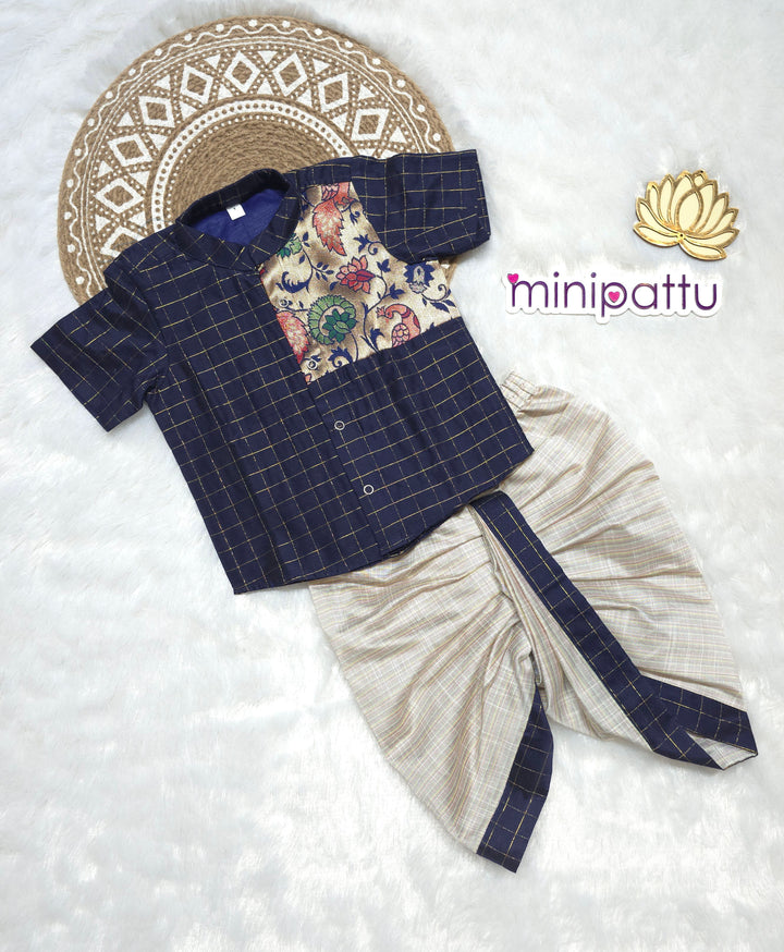 Raghu - Paithani Blue Checks kurta & Dhothi Set