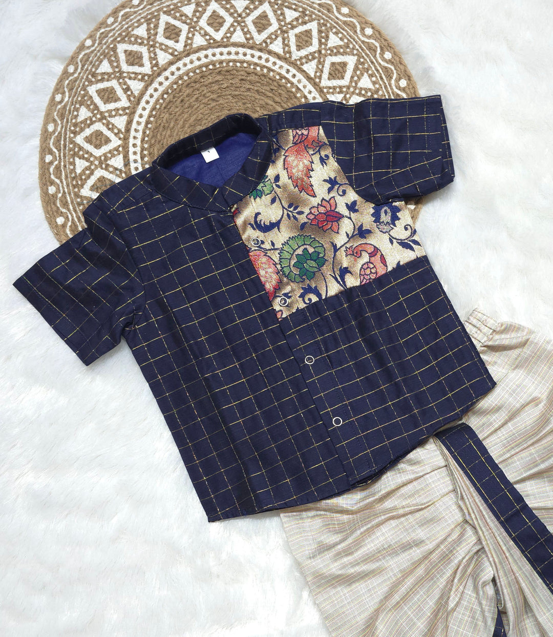 Raghu - Paithani Blue Checks kurta & Dhothi Set