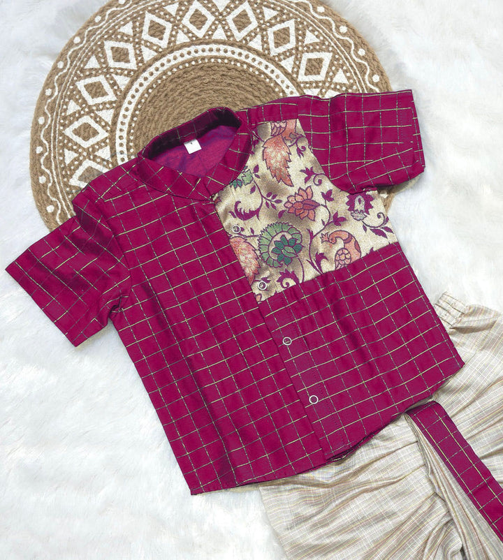 Raghu - Paithani Magenta Checks kurta & Dhothi Set