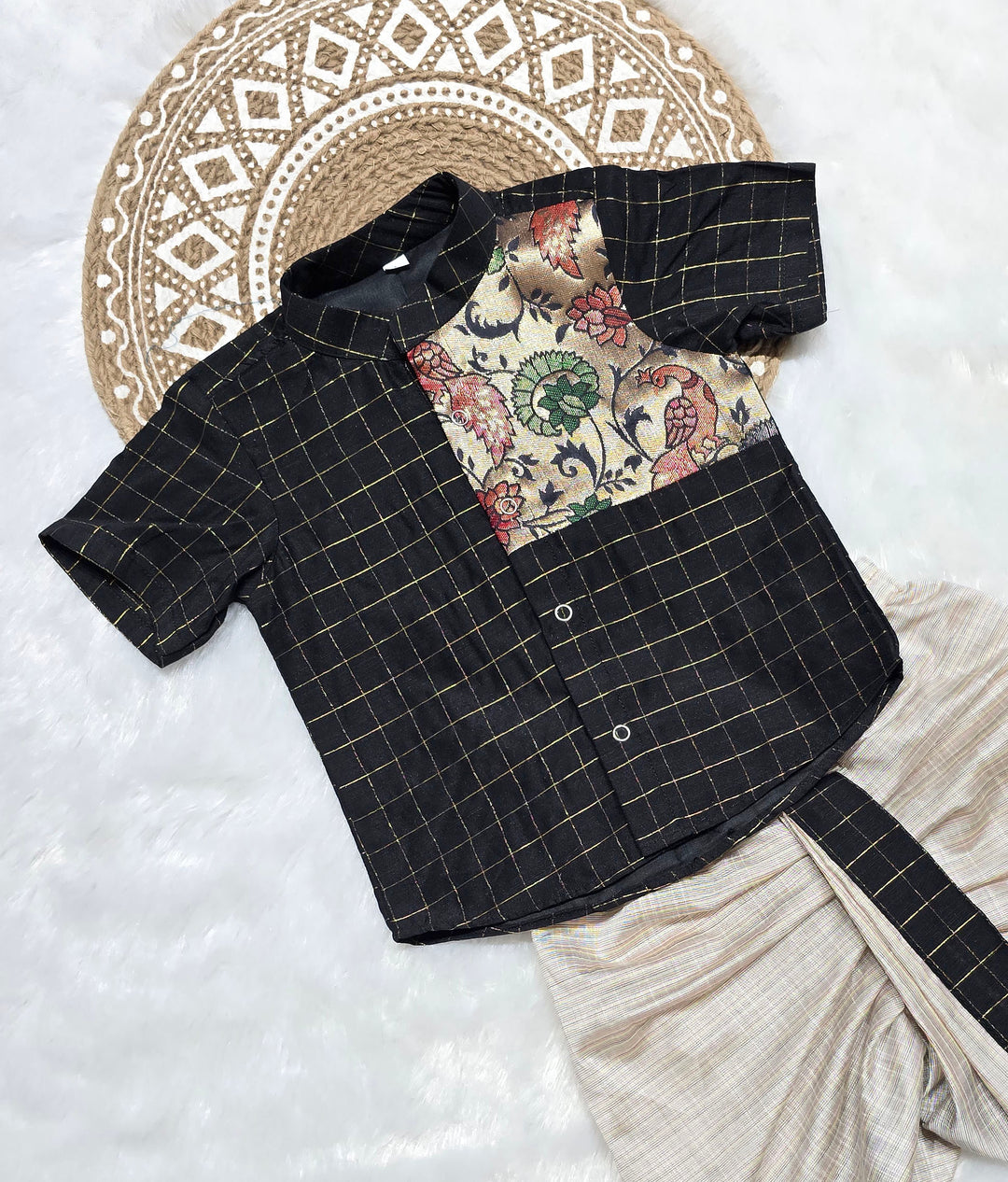 Raghu - Paithani Black Checks kurta & Dhothi Set