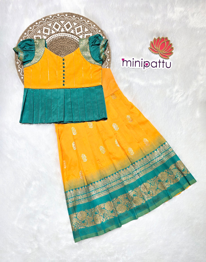 Meena - Yellow Teal Pattu Pavadai Minipattu