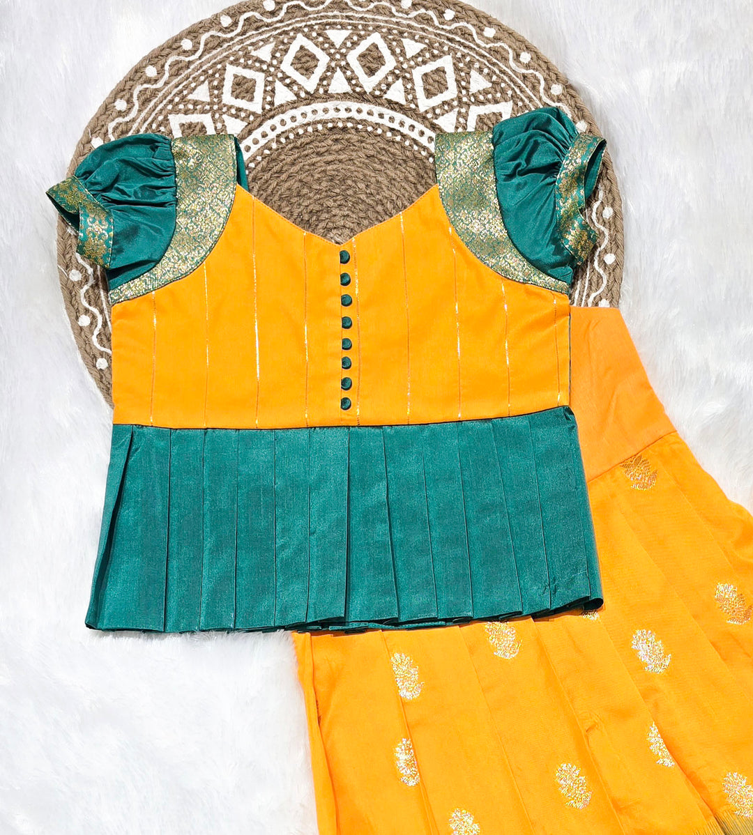 Meena - Yellow Teal Pattu Pavadai Minipattu