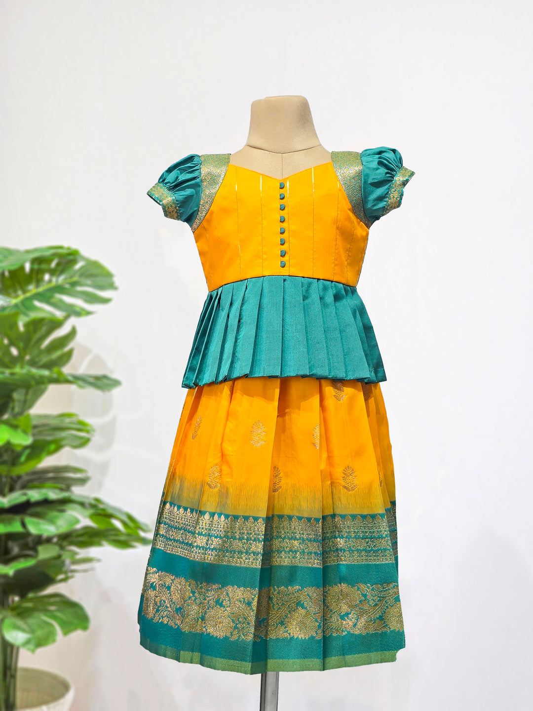 Meena - Yellow Teal Pattu Pavadai Minipattu