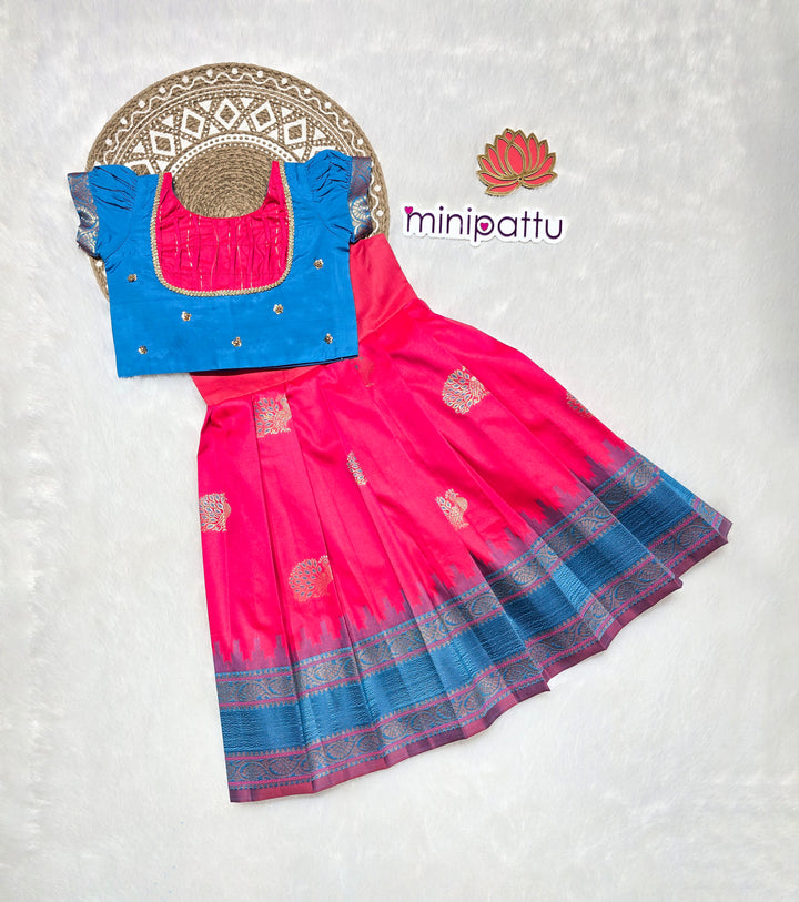 Aishu - Pink Blue Pattu Pavadai Minipattu