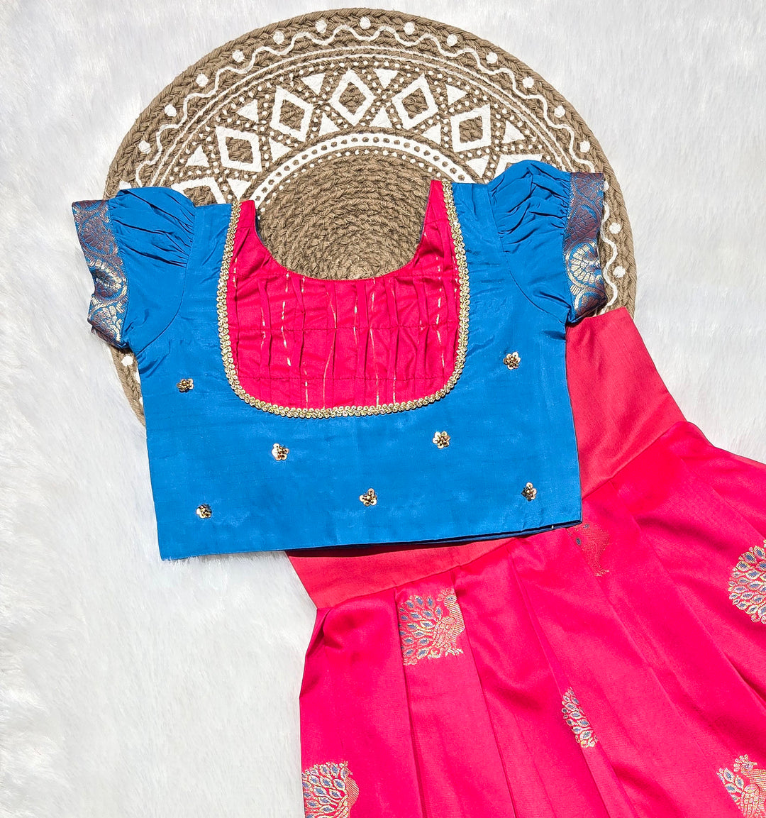 Aishu - Pink Blue Pattu Pavadai Minipattu