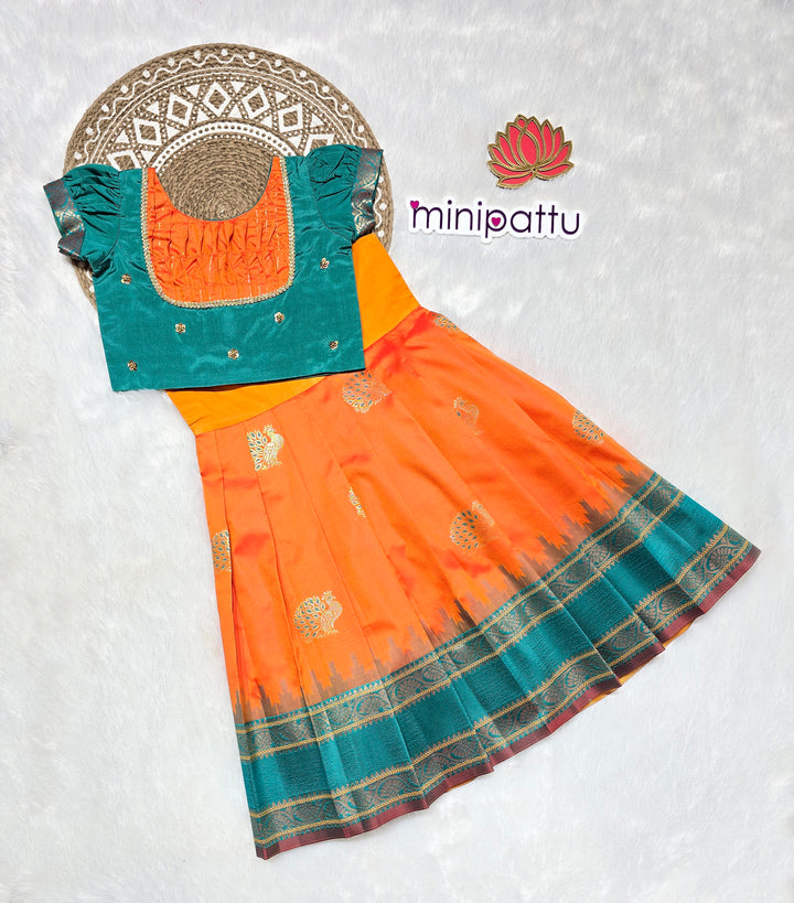 Aishu - Orange Teal Pattu Pavadai Minipattu