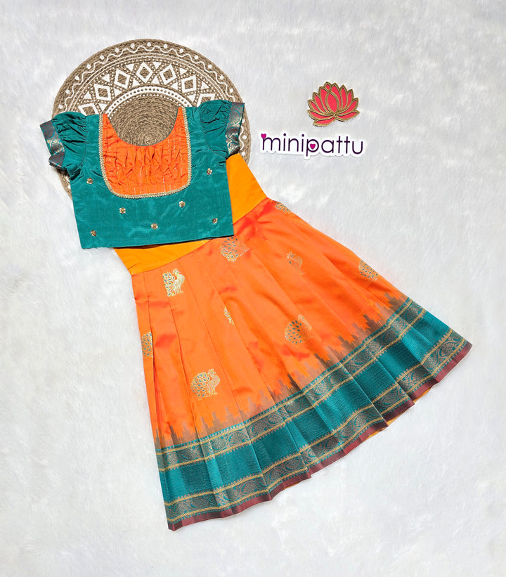 Aishu - Orange Teal Pattu Pavadai Minipattu