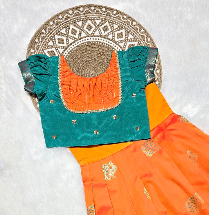 Aishu - Orange Teal Pattu Pavadai Minipattu