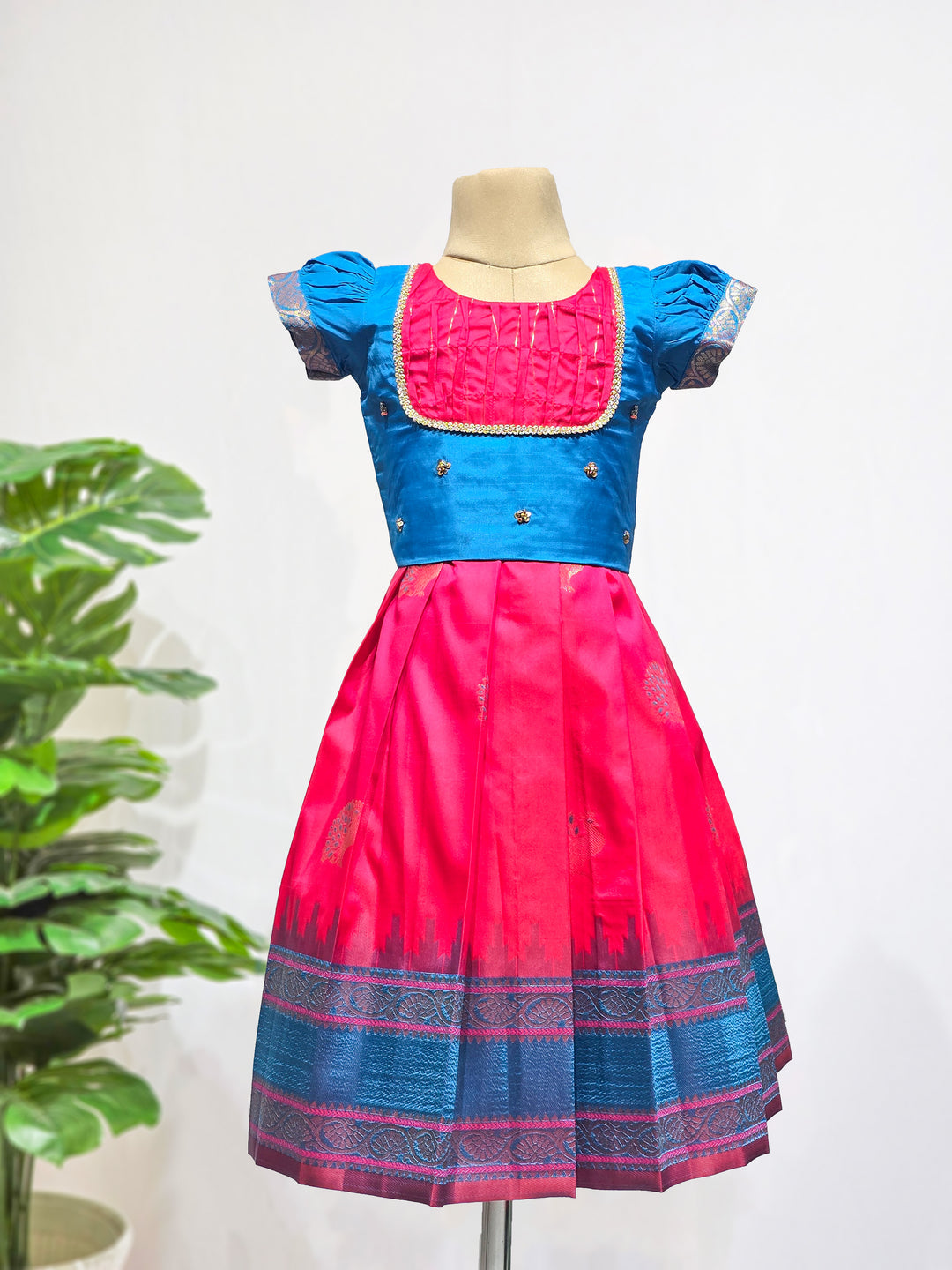 Aishu - Pink Blue Pattu Pavadai Minipattu