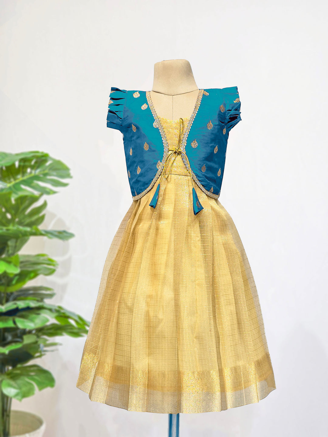 Mythili - Teal Blue Golden 2 in 1 Designer MiniPattu