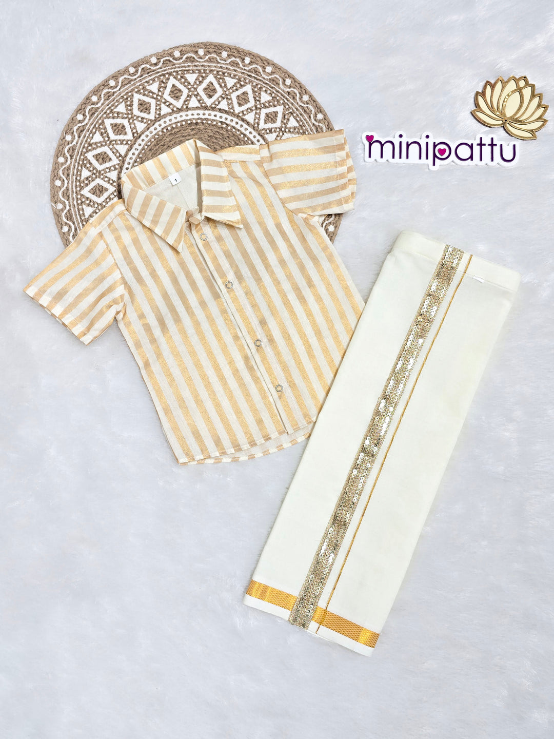 Saran -  Half White Gold Stripes Shirt & Vesti Set