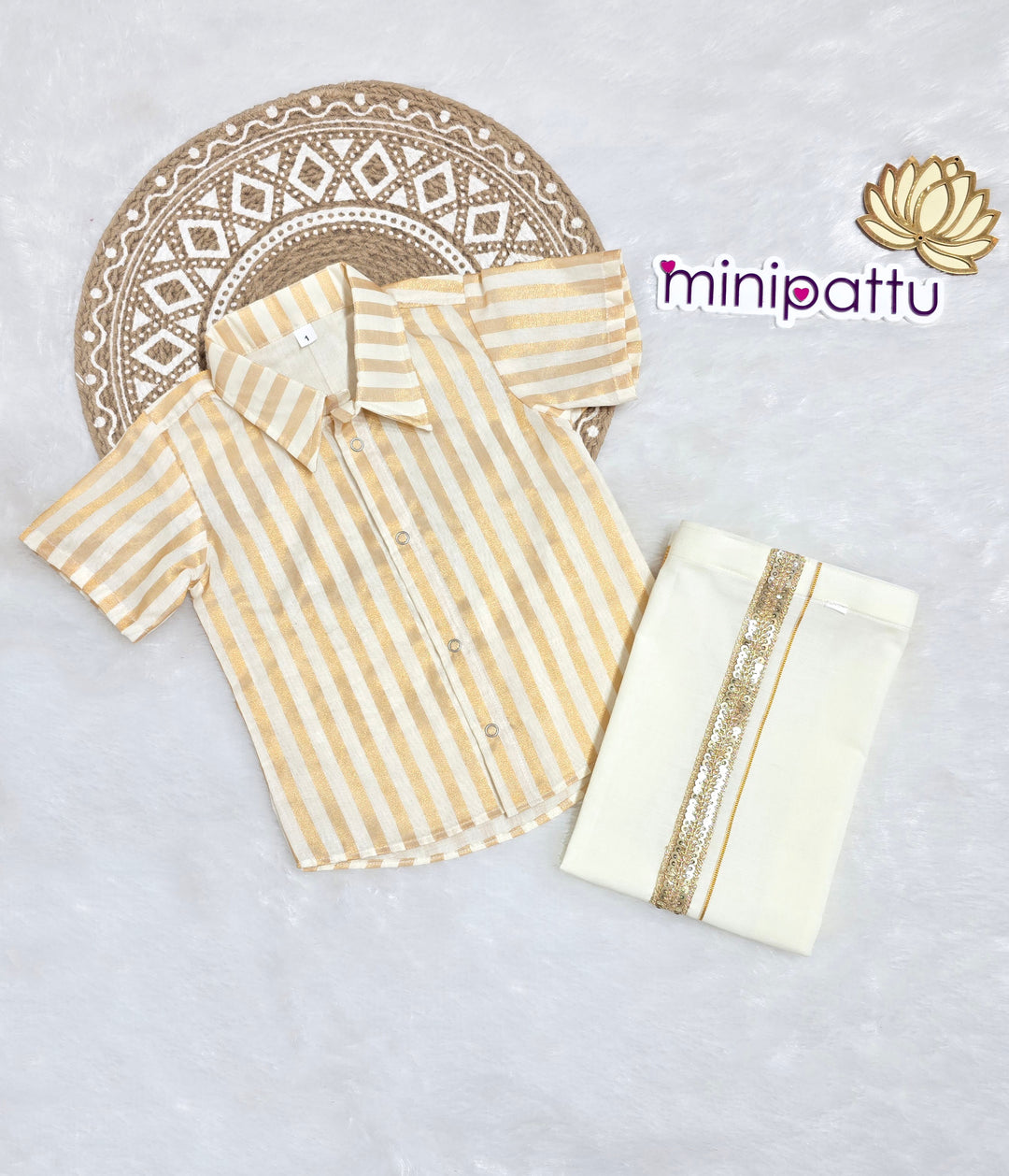 Saran -  Half White Gold Stripes Shirt & Vesti Set