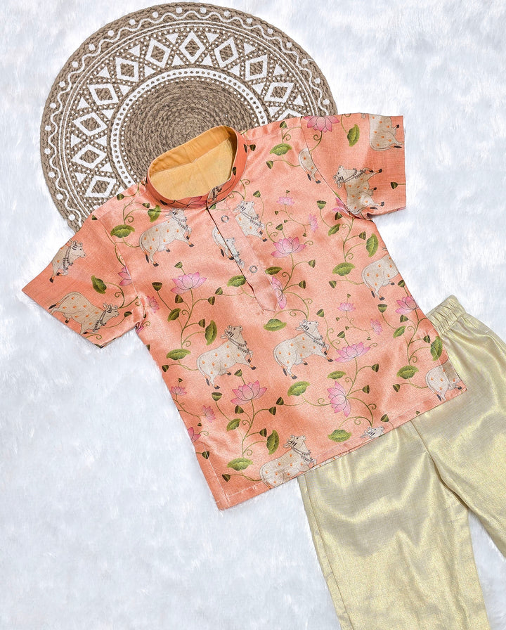 Arjun - Peach Pichwai Kurta Shirt & Pant Set