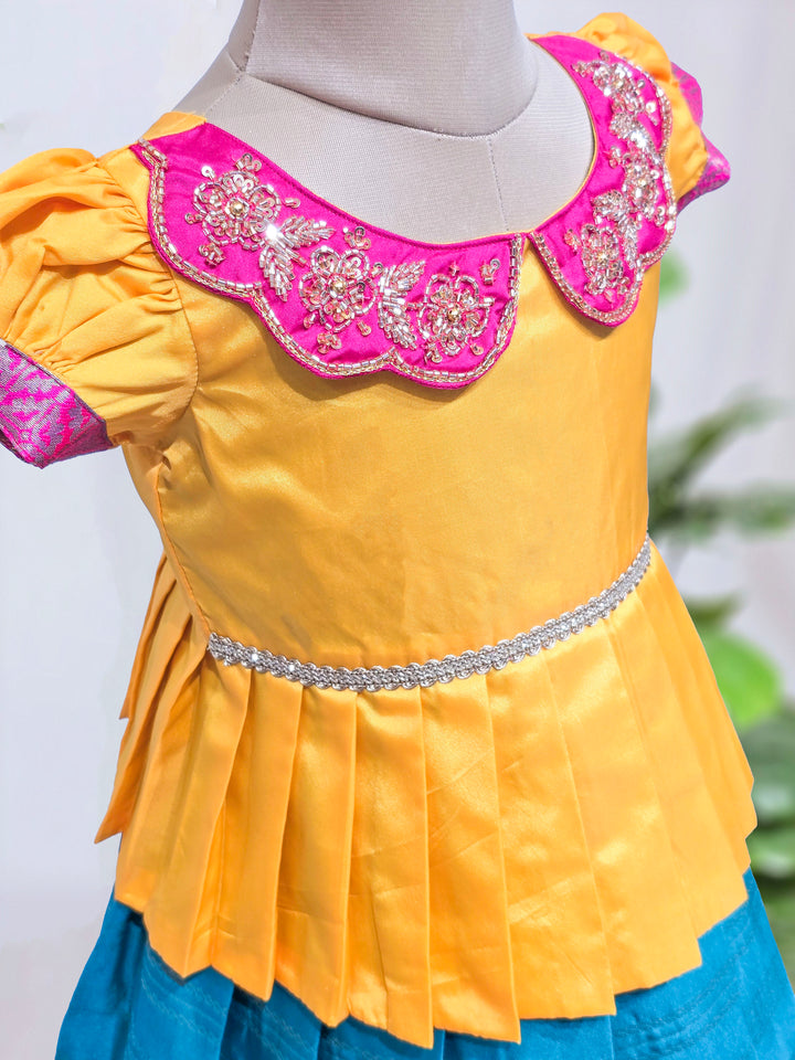Sadhana - Mustard Yellow Teal Pattu Pavadai Minipattu
