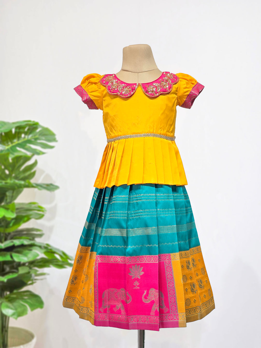 Sadhana - Mustard Yellow Teal Pattu Pavadai Minipattu