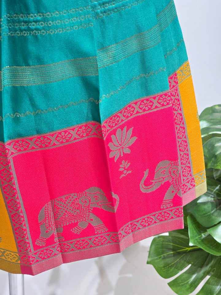 Sadhana - Mustard Yellow Teal Pattu Pavadai Minipattu