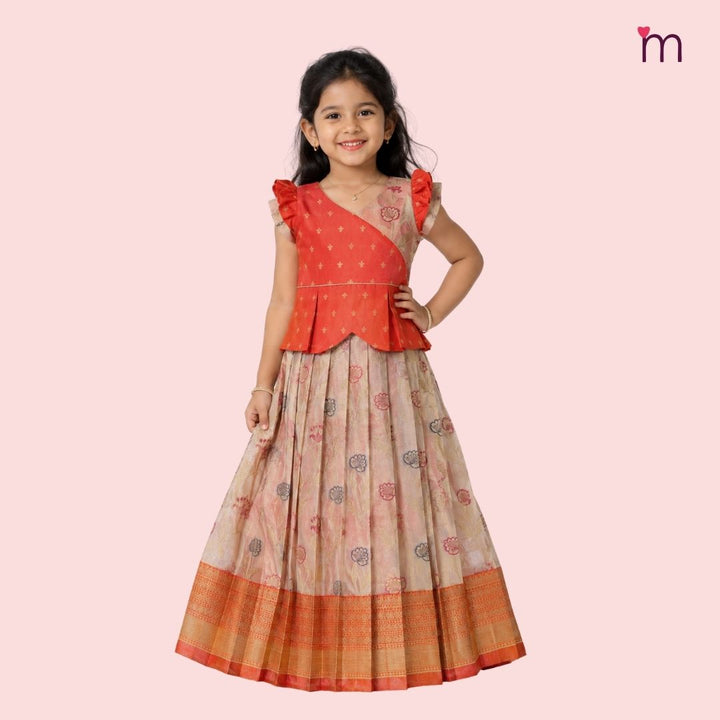 Sharvika - Rust Orange Peach Pattu Pavadai Minipattu