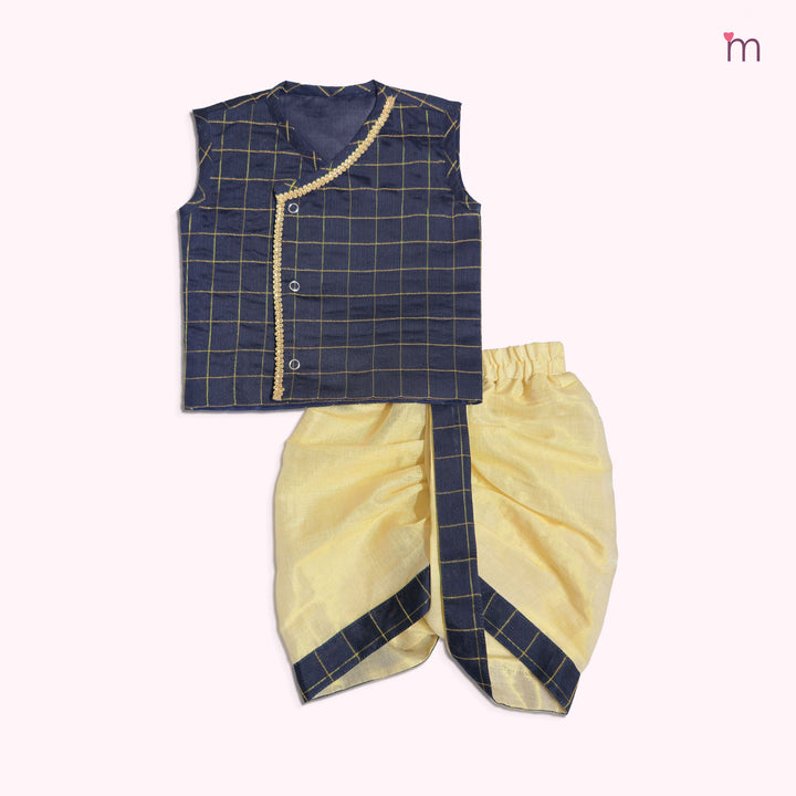 Rithvik - Navy Blue Checks Jabla Set Minipattu