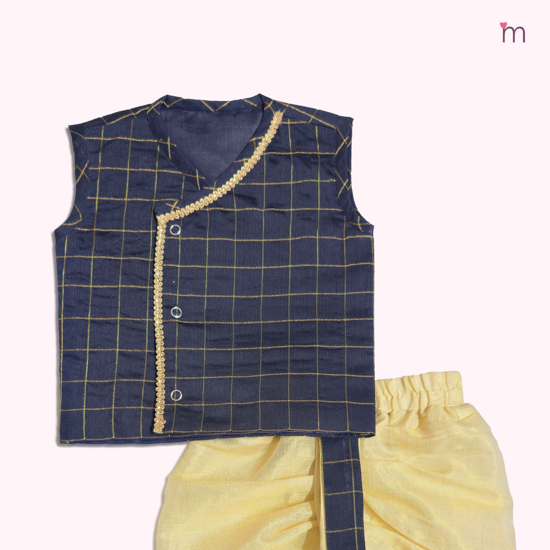 Rithvik - Navy Blue Checks Jabla Set Minipattu