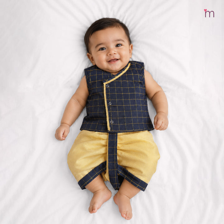 Rithvik - Navy Blue Checks Jabla Set Minipattu