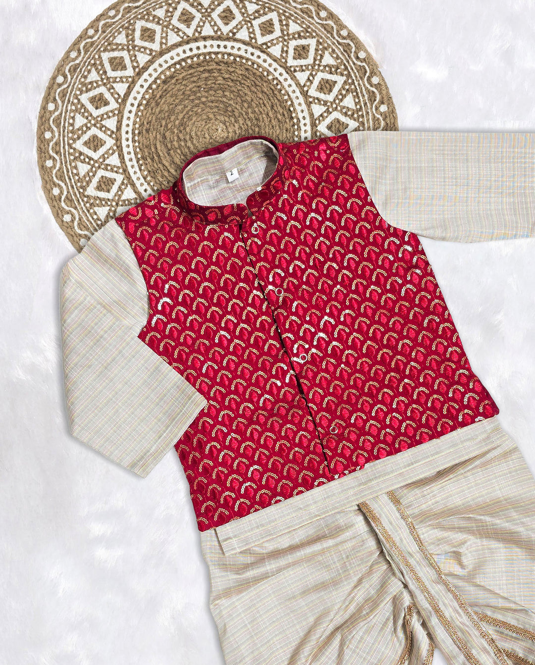 Nishaan - Maroon Kurta Coat & Dhothi Set