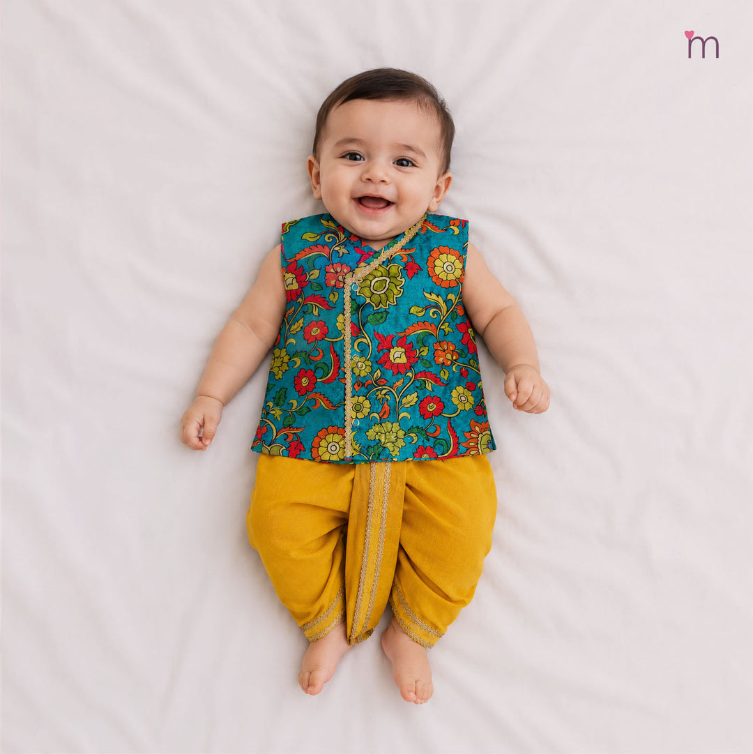 Varun - Teal Green Kalamkari Jabla Set Minipattu