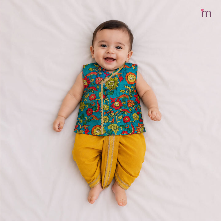 Varun - Teal Green Kalamkari Jabla Set Minipattu