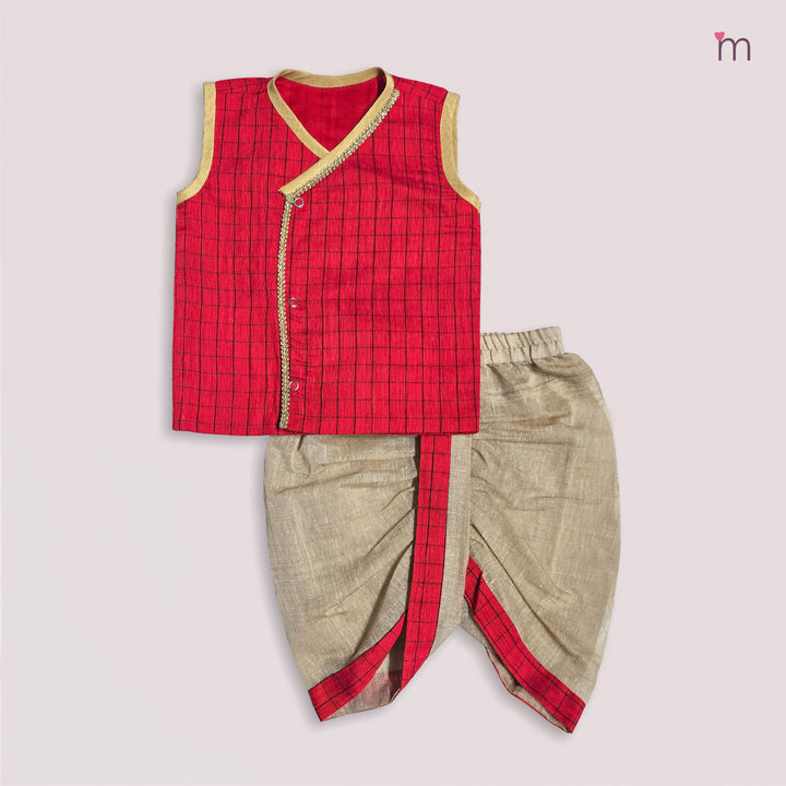 Vikash - Coral Red Checks Jabla Set Minipattu