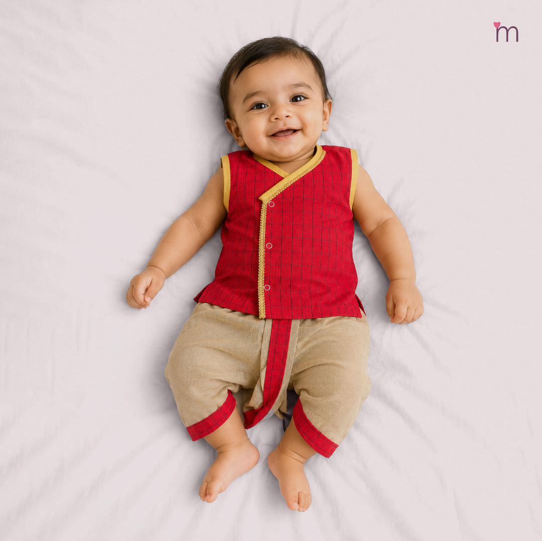 Vikash - Coral Red Checks Jabla Set Minipattu