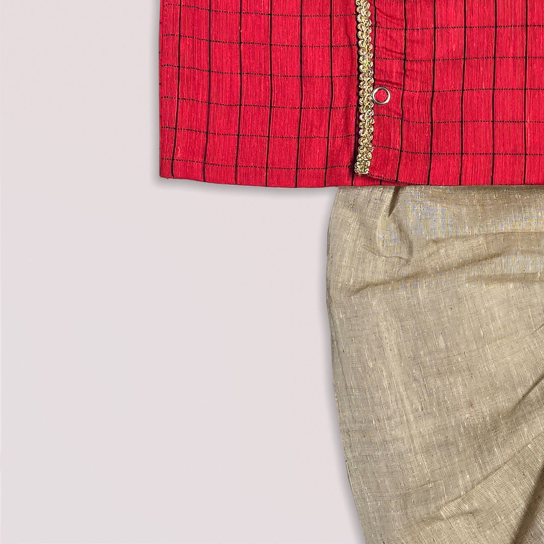 Vikash - Coral Red Checks Jabla Set Minipattu