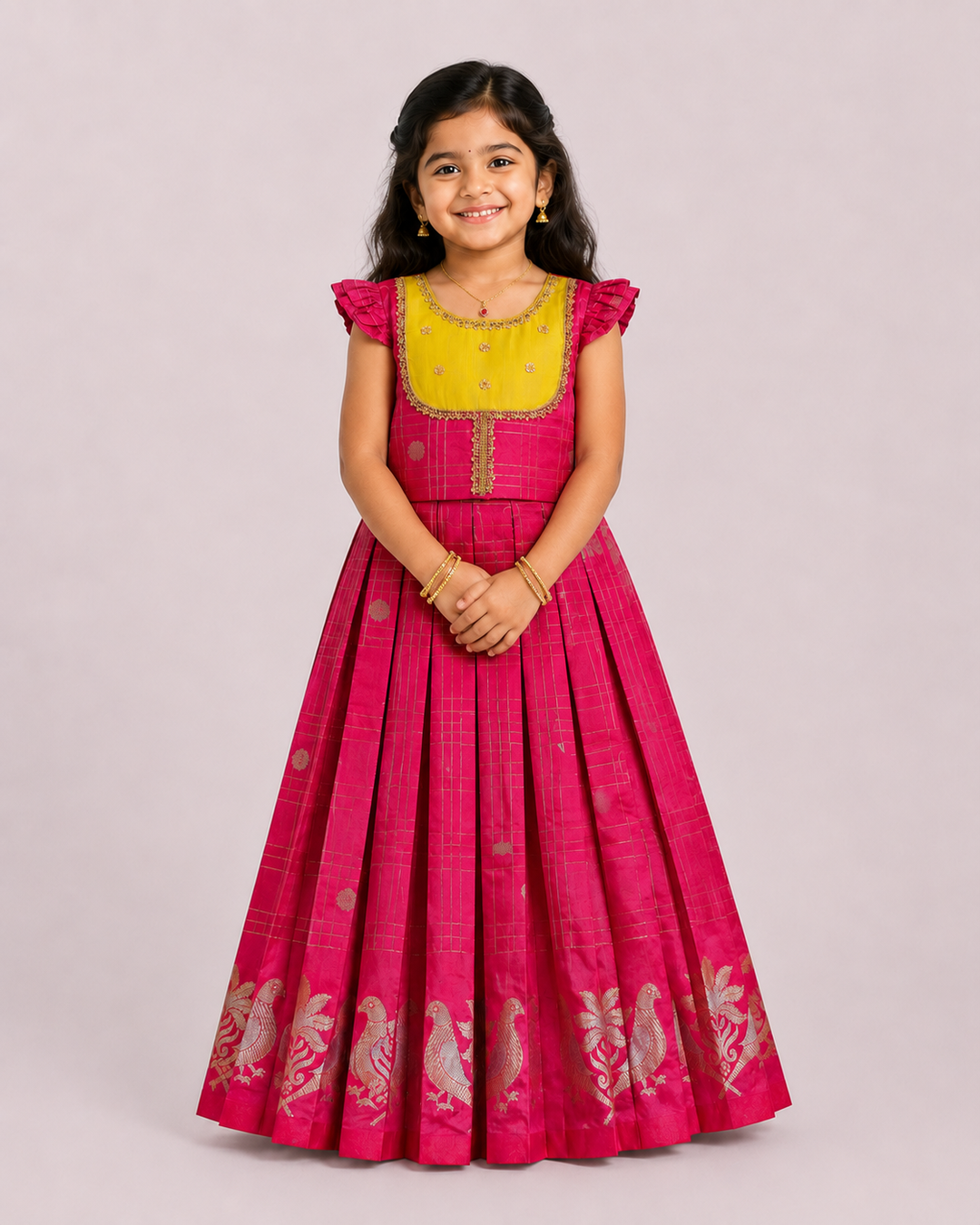 Sukriti - Pink Lemon Green Pattu Pavadai Minipattu